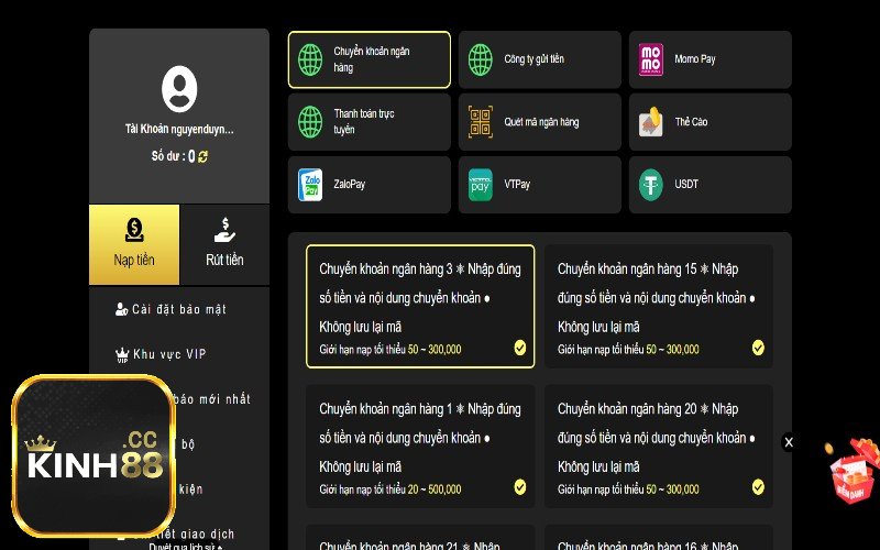 Nạp tiền qua ngân hàng vào tài khoản Kinh88